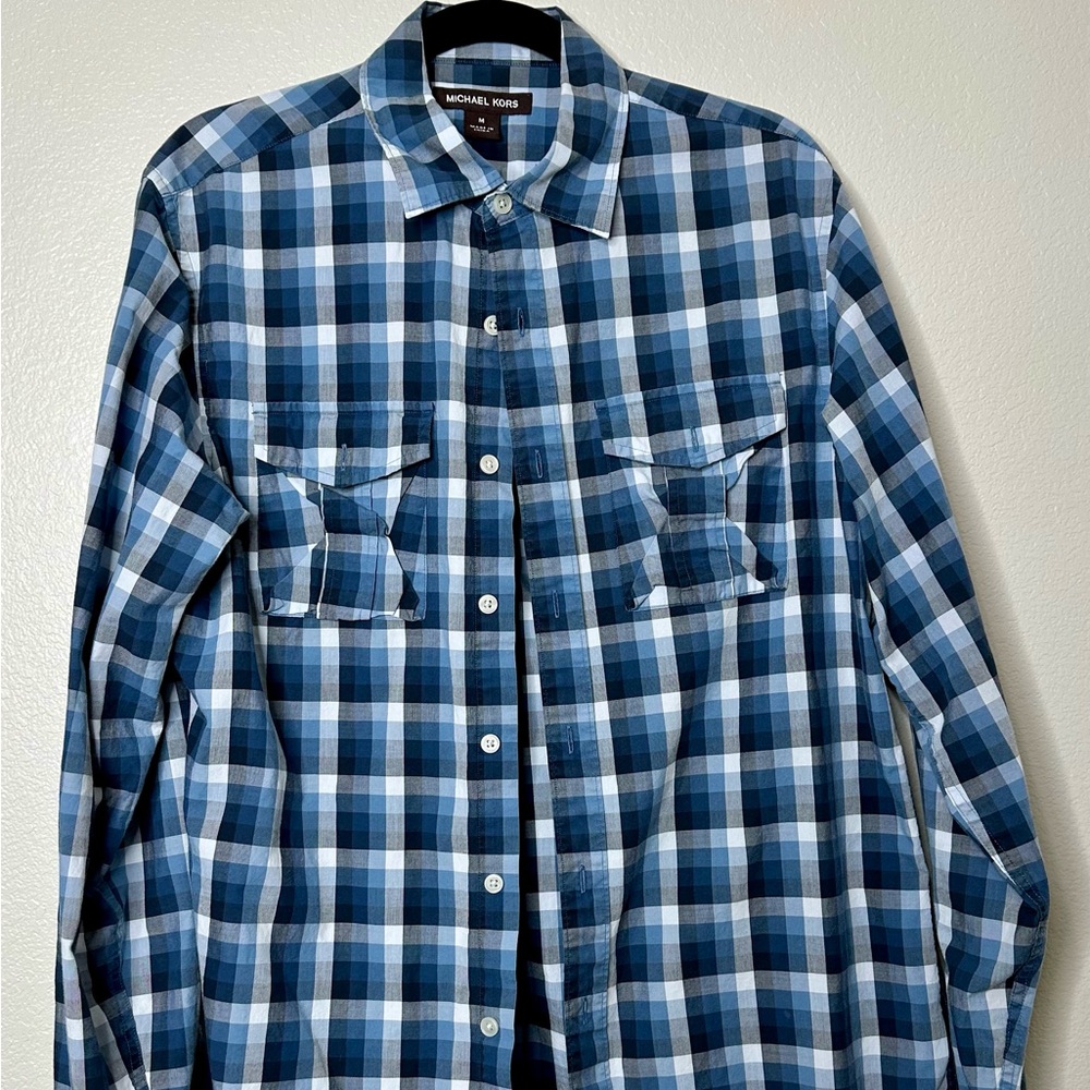 Michael Kors Navy and White Checkered Men's Shirt